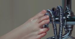 Rule 34 | 1girl, absurdres, barefoot, close-up, commentary request, faucet, feet, feet only, foot focus, grey background, highres, original, out of frame, photorealistic, photoshop (medium), qizhu, realistic, revision, simple background, solo, toenails, toes, wet