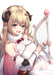 Rule 34 | 1girl, :d, ahoge, animal ears, bare shoulders, belt, belt pouch, blonde hair, blue eyes, blush, breasts, brooch, cape, detached sleeves, dress, fur-trimmed sleeves, fur collar, fur trim, gem, hair ornament, hairclip, harp, highres, holding, holding instrument, hololive, horns, instrument, jewelry, long hair, looking at viewer, medium breasts, open mouth, pink cape, pouch, red gemstone, red ribbon, ribbon, sheep ears, sheep girl, sheep horns, simple background, sitting, smile, solo, tsunomaki watame, tsunomaki watame (1st costume), very long hair, virtual youtuber, white background, white dress, ym (distance819)
