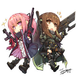 Rule 34 | 2girls, :&lt;, :o, ar-15, assault rifle, black footwear, black gloves, black jacket, black legwear, black ribbon, black shorts, blonde hair, blush, boots, braid, brown eyes, brown hair, chibi, closed mouth, commentary, dated, dress, girls&#039; frontline, gloves, green sweater, gun, hair between eyes, hair ribbon, holding, holding gun, holding weapon, jacket, knee boots, long hair, long sleeves, m4 carbine, m4a1 (girls&#039; frontline), m4a1 (mod3) (girls&#039; frontline), mod3 (girls&#039; frontline), multicolored hair, multiple girls, name connection, notice lines, object namesake, open clothes, open jacket, open mouth, pantyhose, pink hair, pleated dress, ponytail, purple dress, purple eyes, red gloves, ribbed sweater, ribbon, rifle, shoe soles, short shorts, shorts, signature, simple background, single leg pantyhose, single thighhigh, skull print, sparkle, st ar-15 (girls&#039; frontline), st ar-15 (mod3) (girls&#039; frontline), streaked hair, sweater, tama yu, thighhighs, very long hair, weapon, white background
