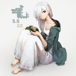 Rule 34 | 1girl, barefoot, black eyes, breasts, closed mouth, collarbone, dress, expressionless, food, full body, hair over one eye, hair over shoulder, highres, hood, hoodie, looking at viewer, oopartz yang, open clothes, open hoodie, original, silver hair, sitting, small breasts, solo, sweet potato, white dress