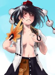 Rule 34 | 1girl, artist name, black hair, black ribbon, black skirt, blue sky, breasts, clenched teeth, cloud, collarbone, commentary request, cowboy shot, day, envenomist (gengoroumaru), frown, hair between eyes, hand fan, hand on own chest, hat, highres, holding, holding fan, leaf fan, leaf print, looking to the side, medium breasts, navel, one-hour drawing challenge, open clothes, open shirt, outdoors, pom pom (clothes), puffy short sleeves, puffy sleeves, red eyes, ribbon, shameimaru aya, shirt, short hair, short sleeves, skirt, sky, solo, standing, stomach, sweat, tassel, teeth, tokin hat, touhou, twitter username, white shirt