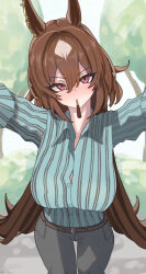 Rule 34 | 1girl, absurdres, ahiru3desuyo, animal ears, aqua shirt, arms up, blush, breasts, brown hair, button gap, closed mouth, commentary request, cowboy shot, food, food in mouth, grey pants, hair between eyes, highres, horse ears, horse girl, horse tail, incoming pocky kiss, large breasts, long hair, long sleeves, looking at viewer, multicolored hair, official alternate costume, pants, pinstripe pattern, pinstripe shirt, pocky, pocky day, pocky in mouth, pocky kiss, red eyes, shared food, shirt, sirius symboli (umamusume), solo, streaked hair, striped, tail, umamusume, very long hair, white hair