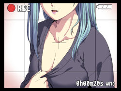 Rule 34 | 1girl, battery indicator, black border, blue hair, border, breasts, cleavage, clothes pull, crosshair, grid, head out of frame, ishii hisao, kantai collection, large breasts, long hair, parted lips, pink background, purple sweater, recording, solo, suzuya (kancolle), sweater, sweater pull, timestamp