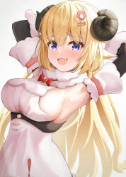 Rule 34 | 1girl, :d, absurdres, armpits, arms behind head, black horns, blonde hair, breasts, commentary request, curled horns, fang, gradient background, grey background, hair ornament, hairclip, highres, hololive, horns, long hair, looking at viewer, medium breasts, open mouth, purple eyes, sheep girl, sheep horns, skin fang, smile, solo, suicabar72, tsunomaki watame, tsunomaki watame (1st costume), virtual youtuber