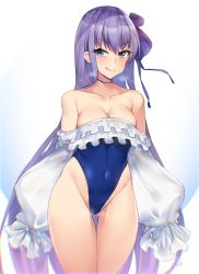 Rule 34 | 1girl, :q, alternate breast size, bare shoulders, blue bow, blue eyes, bow, breasts, choker, chromatic aberration, cleavage, collarbone, covered navel, fate/grand order, fate (series), frills, hair bow, kuavera, long hair, medium breasts, meltryllis, meltryllis (fate), meltryllis (swimsuit lancer) (fate), meltryllis (swimsuit lancer) (second ascension) (fate), one-piece swimsuit, purple hair, sleeves past wrists, smile, solo, steam, steaming body, swimsuit, tongue, tongue out, very long hair