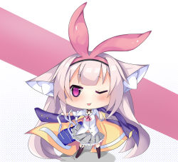 Rule 34 | 1girl, ;p, animal ear fluff, animal ears, azur lane, bag, blue jacket, blush, brown thighhighs, cat ears, chibi, closed mouth, collared shirt, commentary request, full body, garter straps, grey skirt, hair ribbon, hairband, highres, hobby (azur lane), hobby (little idol schoolgirl) (azur lane), jacket, light brown hair, long hair, long sleeves, nagato-chan, one eye closed, outstretched arm, pink hairband, pink ribbon, pleated skirt, purple eyes, ribbon, school bag, school uniform, shadow, shirt, skirt, smile, solo, standing, thighhighs, tongue, tongue out, very long hair, white shirt