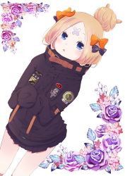 Rule 34 | 1girl, :o, abigail williams (fate), abigail williams (traveling outfit) (fate), absurdres, black bow, black jacket, blonde hair, blue eyes, blush, bow, commentary request, crossed bandaids, dutch angle, fate/grand order, fate (series), flower, hair bow, hair bun, hands up, highres, hiroshi (jasinloki), jacket, long hair, long sleeves, looking at viewer, official alternate costume, orange bow, parted bangs, parted lips, polka dot, polka dot bow, purple flower, purple rose, red flower, rose, simple background, single hair bun, sleeves past fingers, sleeves past wrists, solo, standing, white background