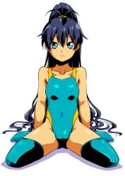 Rule 34 | 1girl, antenna hair, aqua eyes, arms at sides, black hair, blue eyes, blue one-piece swimsuit, competition swimsuit, expressionless, full body, ganaha hibiki, high ponytail, idolmaster, idolmaster (classic), long hair, looking at viewer, one-piece swimsuit, ponytail, simple background, sitting, solo, split, swimsuit, thighhighs, tommy region, very long hair, wariza, white background