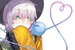 Rule 34 | 1girl, blush, covering own mouth, eyeball, green eyes, haruba negi, hat, heart, heart of string, komeiji koishi, long hair, long sleeves, looking to the side, open mouth, shirt, silver hair, simple background, sleeves past wrists, solo, string, third eye, touhou, upper body, white background, wide sleeves
