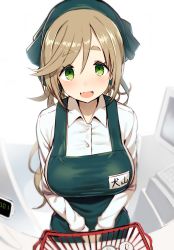 Rule 34 | 1girl, :d, absurdres, apron, blurry, blurry background, blush, brown hair, collared shirt, commentary request, depth of field, dress shirt, employee uniform, fang, fisheye, greatmosu, green apron, green eyes, hair between eyes, head scarf, highres, inuyama aoi, long hair, long sleeves, looking at viewer, open mouth, shirt, shopping basket, short eyebrows, skin fang, smile, solo, thick eyebrows, uniform, very long hair, white background, white shirt, yurucamp