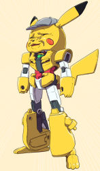 Rule 34 | core gundam, creatures (company), crossover, detective pikachu, detective pikachu (character), detective pikachu (movie), emphasis lines, game freak, gen 1 pokemon, gundam, gundam build divers, gundam build divers re:rise, joints, mecha, mechanical tail, niiyan, nintendo, no humans, parody, pikachu, pokemon, pokemon (creature), robot, robot joints, solo, tail, wrinkled frown (detective pikachu), yellow background