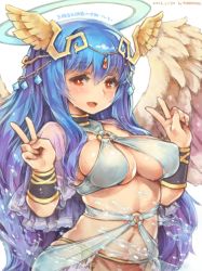 Rule 34 | 1girl, angel wings, blue hair, blush, bracer, breasts, bright pupils, cleavage, double v, feathered wings, fullbokko heroes, hair ornament, halo, hera (fullbokko heroes), large breasts, long hair, navel, o-ring, open mouth, red eyes, shigatake, simple background, smile, solo, v, water, wet, white wings, wings