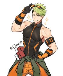 Rule 34 | abs, achilles (fate), achilles (fearless diver) (fate), bara, blackkdogg, covered erect nipples, fate/grand order, fate (series), goggles, goggles on head, green hair, grin, highres, large pectorals, male focus, muscular, muscular male, orange eyes, orange pants, pants, pectorals, shiny skin, shirt, simple background, smile, tight clothes, tight shirt, white background