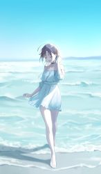 Rule 34 | 1girl, absurdres, aqua theme, bare legs, barefoot, beach, black choker, blue dress, blue sky, blurry, blurry background, brown hair, character request, choker, closed eyes, collarbone, commentary request, copyright request, dress, feet, frilled dress, frills, fujizarashi, full body, hand up, highres, legs, medium hair, ocean, open mouth, outdoors, shadow, short dress, sky, solo, standing, thighs, toes, water