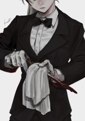Rule 34 | 1girl, assassin, black bow, black bowtie, black suit, blood, bow, bowtie, dagger, female focus, formal, gloves, grey hair, handkerchief, head out of frame, highres, jacket, kand (kanda), knife, original, shirt, signature, simple background, solo, suit, suit jacket, weapon, white background, white shirt