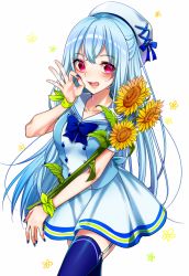 Rule 34 | 1girl, blue bow, blue hair, blue nails, blue neckwear, blue ribbon, blue thighhighs, bow, character request, collarbone, floating hair, flower, garter straps, hat, hat bow, hat ribbon, long hair, miniskirt, nail polish, open mouth, red eyes, ribbon, sailor collar, short sleeves, skirt, solo, standing, sunflower, thighhighs, very long hair, white background, white hat, white sailor collar, white skirt, yellow flower, yodare (3yami8), zettai ryouiki