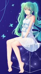 Rule 34 | 1girl, barefoot, blue eyes, bug, butterfly, dress, feet, green hair, hands on lap, hatsune miku, insect, long hair, looking at viewer, muko (kokia38), see-through, sitting, smile, solo, twintails, very long hair, vocaloid, white dress
