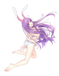 Rule 34 | 1girl, absurdres, animal ears, ass, back, bare back, bare shoulders, barefoot, bikini, breasts, commentary request, diving penguin, facing away, feet, frilled bikini, frills, from behind, halterneck, highres, legs, long hair, looking at viewer, looking back, open mouth, purple eyes, purple hair, rabbit ears, reisen udongein inaba, side-tie bikini bottom, simple background, solo, string bikini, swimsuit, thighs, touhou, very long hair, white background, white bikini