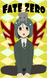 Rule 34 | 1boy, animal, animal on head, argyle, argyle background, argyle clothes, black eyes, black hair, command spell, fate/zero, fate (series), indian style, male focus, mouse (animal), necktie, on head, parted bangs, sitting, waver velvet, yellow background, yu (13377)