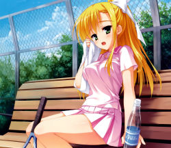 Rule 34 | 1girl, bench, blonde hair, blush, bottle, breasts, chain-link fence, fence, green eyes, hair ribbon, highres, kanemoto akari, kobuichi, legs, looking at viewer, noble works, open mouth, ponytail, racket, ribbon, shirt, sitting, skirt, solo, sportswear, sweat, taut clothes, taut shirt, tennis racket, tennis uniform, thighs, tongue, towel, water