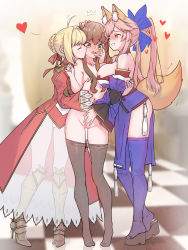 Rule 34 | 3girls, absurdres, animal ears, armor, blonde hair, blush, breasts, brown hair, checkered floor, cleavage, clothed female nude female, clothes pull, dress, fate/extra, fate (series), fff threesome, fox ears, fox tail, girl sandwich, greaves, group sex, hand on another&#039;s face, hand on another&#039;s head, high heels, highres, japanese clothes, kishinami hakuno (female), kiss, kissing cheek, large breasts, looking at another, multiple girls, nero claudius (fate), nero claudius (fate) (all), nero claudius (fate/extra), nipple slip, nipple stimulation, nipple tweak, nipples, nude, pantyhose, pantyhose pull, phi str, pink hair, platform clogs, platform footwear, platform heels, sandwiched, smile, standing, tail, tamamo (fate), tamamo no mae (fate/extra), thigh gap, threesome, yuri