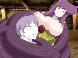 Rule 34 | breasts, game cg, large breasts, luka (mon-musu quest!), mon-musu quest!, mon-musu quest: paradox, nipples, purple eyes, purple hair, smile, tentacles