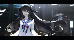Rule 34 | 1girl, black bow, blue sailor collar, bow, building, closed eyes, commentary request, day, facing viewer, floating hair, hair bow, letterboxed, long hair, long sleeves, narcolepsy-1900, open mouth, original, outdoors, sailor collar, shirt, smile, solo, sunlight, teeth, upper body, upper teeth only, very long hair, white shirt, wind