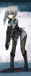 Rule 34 | 12-gauge, 1girl, bad id, bad tumblr id, bee (deadflow), bent over, blue eyes, bodysuit, boots, breasts, bullpup, combat boots, eotech, full body, gradient hair, green hair, grey hair, gun, holster, knife, multicolored hair, open mouth, original, pump-action shotgun, pump action, sheath, shotgun, shotgun shell, small breasts, solo, utas uts-15, uts-15, weapon