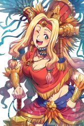 Rule 34 | 1girl, blonde hair, blush, breasts, choker, cleavage, crown, fate/grand order, fate (series), green eyes, groin, hair ornament, hair tubes, headband, jewelry, long hair, midriff, navel, necklace, one eye closed, open mouth, quetzalcoatl (fate), skirt, sword, weapon, wink