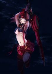 Rule 34 | 10s, 1girl, alisa ilinichina amiella, armpits, arms behind head, arms up, black footwear, black pantyhose, blue eyes, boots, breasts, cabbie hat, elbow gloves, female focus, fingerless gloves, gloves, god eater, hat, highres, huge weapon, large breasts, long hair, looking at viewer, navel, nina (ninageya), open mouth, pantyhose, plaid, silver hair, skirt, sky, solo, suspender skirt, suspenders, sword, thigh boots, thighhighs, underboob, weapon