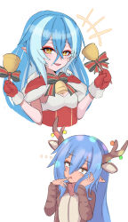 Rule 34 | +++, 1girl, animal costume, bell, blush, bombergirl, bow, bowtie, bright pupils, commentary request, fake antlers, green bow, green bowtie, hair between eyes, hand on own cheek, hand on own face, highres, holding, holding bell, imagining, lewisia aquablue, long bangs, long hair, looking at viewer, open mouth, pointy ears, red bow, red bowtie, reindeer costume, shiro beer, smile, striped bow, striped bowtie, striped clothes, upper body, white background, white pupils, yellow eyes