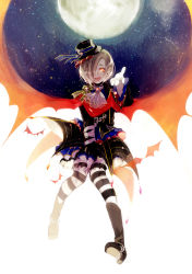 Rule 34 | 10s, 1girl, absurdres, ascot, blonde hair, bloomers, boots, dress, ear piercing, full body, full moon, hair over one eye, halloween, hat, highres, idolmaster, idolmaster cinderella girls, idolmaster cinderella girls starlight stage, knee boots, mini hat, moon, orange eyes, outstretched hand, piercing, semiko (kamibukuro), shirasaka koume, short hair, solo, striped clothes, striped legwear, striped thighhighs, thighhighs, underwear