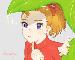 Rule 34 | 1girl, arrietty, bad id, bad pixiv id, blouse, brown hair, character name, dress, grey background, honoboooono, karigurashi no arrietty, leaf, looking at viewer, mini person, minigirl, open mouth, ponytail, portrait, red shirt, shirt, short hair, simple background, solo, water drop