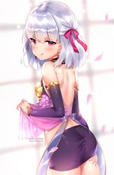Rule 34 | 1girl, ass, back, backlighting, bare shoulders, blush, breasts, closed mouth, detached sleeves, dress, earrings, fate/grand order, fate (series), hair between eyes, hair ribbon, highres, jewelry, kama (fate), kama (first ascension) (fate), licking lips, looking at viewer, petals, pink ribbon, purple dress, purple sleeves, red eyes, ribbon, ring, short hair, shouu-kun, silver hair, sleeveless, sleeveless dress, small breasts, smile, solo, thighs, tongue, tongue out