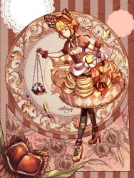 Rule 34 | 1girl, blonde hair, bob cut, bonnet, chain, chestnut, closed eyes, commentary request, dolce (dolsuke), dress, feathers, food, food-themed clothes, frilled gloves, frills, gem, gloves, high heels, highres, holding, lace, lolita fashion, mont blanc (food), original, pantyhose, personification, print pantyhose, ribbon, short sleeves, solo