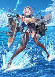 Rule 34 | 1girl, absurdres, ammunition belt, anti-aircraft, anti-aircraft gun, azur lane, bare shoulders, black bra, black hairband, blue sky, bra, breasts, cloud, commentary, day, electricity, full body, grey hair, grey skirt, gun, hair between eyes, hairband, highres, jacket, large breasts, lom (lom lom 8), machine gun, machinery, metal gloves, necktie, ocean, open clothes, open jacket, open mouth, outdoors, parted hair, pleated skirt, purple eyes, red necktie, reno (azur lane), rigging, rudder footwear, see-through, see-through shirt, shirt, short hair, sidelocks, skirt, sky, sleeveless, sleeveless shirt, solo, standing, standing on liquid, thighhighs, torpedo launcher, turret, underwear, weapon, white jacket, white shirt