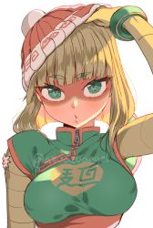 Rule 34 | 1girl, :o, absurdres, adjusting clothes, adjusting headwear, arms (game), artist name, azuazuangel, bandages, bandaged arm, bandages, blonde hair, breasts, covered erect nipples, domino mask, eyebrows, green eyes, hat, highres, knit hat, looking at viewer, mask, medium breasts, min min (arms), short hair, solo, twitter username, upper body, watermark, white background