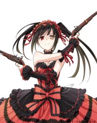 Rule 34 | 1girl, asymmetrical hair, black hair, bow, breasts, choker, cleavage, clock eyes, date a live, detached sleeves, dress, dual wielding, female focus, frilled bow, frills, gothic lolita, gun, hairband, heterochromia, holding, holding gun, holding weapon, konoe (fogtracks), lolita fashion, lolita hairband, long dress, long hair, looking at viewer, medium breasts, red bow, red dress, red eyes, simple background, sleeveless, sleeveless dress, smile, solo, standing, symbol-shaped pupils, tokisaki kurumi, transparent background, twintails, upper body, weapon, yellow eyes