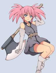 Rule 34 | 1girl, axe, belt, blue eyes, boots, closed mouth, elbow gloves, foot out of frame, gloves, highres, holding, holding axe, long hair, looking at viewer, pink hair, presea combatir, simple background, solo, suwaneko, tales of (series), tales of symphonia, twintails, weapon