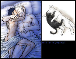 Rule 34 | 2boys, abs, arm around shoulder, arm tattoo, ass, back tattoo, bara, bare pectorals, beard, bed sheet, black hair, cat, convenient censoring, couple, dog, facial hair, feet out of frame, goatee, highres, hug, kokorozashi, large pectorals, long sideburns, lying, male focus, mature male, multiple boys, muscular, muscular male, naked sheet, navel, nipples, on back, on pillow, on side, one piece, pectorals, scar, scar across eye, scar on face, short hair, sideburns, sleeping, sleeping on person, smoker (one piece), spread legs, stomach, stubble, tattoo, thighs, toned, toned male, trafalgar law, translation request, white hair, yaoi