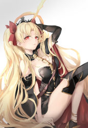 Rule 34 | 1girl, arm support, asymmetrical legwear, between breasts, black cape, black thighhighs, blonde hair, breasts, cape, cleavage, closed mouth, commentary, detached collar, earrings, ereshkigal (fate), fate/grand order, fate (series), gradient background, hair intakes, highres, hoop earrings, infinity symbol, jewelry, lielac, lips, long hair, multicolored cape, multicolored clothes, necklace, parted bangs, red cape, red eyes, single thighhigh, sitting, skull, solo, spine, thighhighs, thighs, two-sided cape, two-sided fabric, two side up, uneven legwear, very long hair, white background