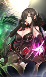 Rule 34 | 1girl, absurdly long hair, aura, black dress, black hair, breasts, bridal gauntlets, brown hair, cleavage, commentary request, detached sleeves, dress, fate/apocrypha, fate/grand order, fate (series), fern, fur trim, hand on own chin, highres, large breasts, long dress, long hair, plant, pointy ears, sasakuma kyouta, semiramis (fate), sitting, solo, very long hair, yellow eyes