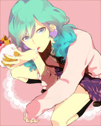 Rule 34 | 1boy, aqua eyes, aqua hair, black socks, brown footwear, commentary request, cream, crossdressing, earrings, food, from above, fruit, heart, heart earrings, highres, holding, holding food, jewelry, kneehighs, licking, long hair, looking at viewer, male focus, mikaze ai, necktie, pink skirt, pink sweater, polka dot, polka dot neckwear, shoes, skirt, sleeves past wrists, socks, solo, sweater, tongue, tongue out, uta no prince-sama, uz saba