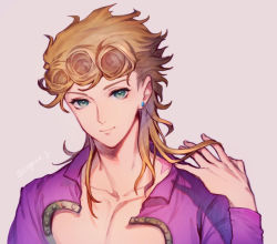 Rule 34 | 1boy, 723 (tobi), alternate hairstyle, blonde hair, closed mouth, earrings, giorno giovanna, green eyes, highres, jacket, jewelry, jojo no kimyou na bouken, long hair, long sleeves, looking at viewer, pink background, pink jacket, simple background, smile, solo, vento aureo