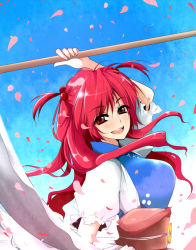 Rule 34 | 1girl, alternate hair length, alternate hairstyle, breasts, day, female focus, hair bobbles, hair ornament, ifuji sakura, long hair, onozuka komachi, open mouth, red eyes, red hair, scythe, sky, smile, solo, touhou, twintails, two side up