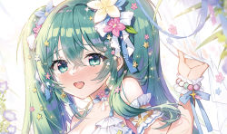 Rule 34 | 1girl, :d, apple caramel, bare shoulders, blue flower, blush, bow, breasts, cleavage, commentary, curtains, flower, green eyes, green hair, hair between eyes, hair bow, hair flower, hair ornament, hand up, hatsune miku, looking at viewer, medium breasts, open mouth, pink flower, smile, solo, star (symbol), star hair ornament, transparent, upper body, vocaloid, white bow, white flower, wrist cuffs, yellow flower