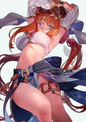 Rule 34 | 1girl, armpits, arms up, bandeau, bare shoulders, blue eyes, blush, breasts, commentary, detached sleeves, english commentary, genshin impact, grey background, highres, horns, large breasts, loincloth, long hair, long sleeves, midriff, navel, nilou (genshin impact), open mouth, poch4n, red hair, simple background, solo, standing, stomach, thighlet, thighs, veil, very long hair