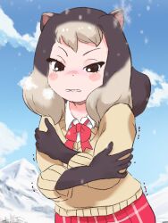 Rule 34 | 1girl, alpine marmot (kemono friends), animal ears, black gloves, blonde hair, blush, bow, bowtie, brown eyes, collared shirt, commentary request, crossed arms, elbow gloves, gloves, grey hair, highres, ieinu account, kemono friends, long sleeves, multicolored hair, plaid, plaid skirt, pleated skirt, red bow, red bowtie, red skirt, self hug, shirt, short hair, sidelocks, skirt, solo, squirrel ears, squirrel girl, sweater, trembling, white shirt, yellow sweater