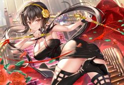 Rule 34 | 1girl, ass, bare shoulders, black dress, black footwear, black gloves, black hair, boots, breasts, cleavage, commentary, dagger, dress, earrings, fingerless gloves, flower, fujima takuya, gloves, gold hairband, hair flower, hair ornament, hairband, high heel boots, high heels, holding, holding knife, jewelry, knife, large breasts, leg up, long hair, looking at viewer, petals, red eyes, red flower, red rose, rose, solo, spy x family, stiletto (weapon), thigh boots, weapon, yor briar