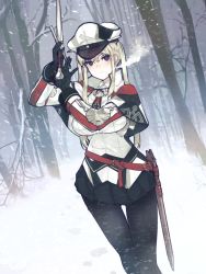Rule 34 | 1girl, black gloves, black pantyhose, black skirt, blonde hair, breasts, capelet, celtic knot, commentary, cowboy shot, cross, dongsa wonhyong, english commentary, gloves, graf zeppelin (kancolle), grey eyes, hair between eyes, hat, highres, iron cross, kantai collection, large breasts, long hair, looking at viewer, military, military hat, military uniform, miniskirt, mixed-language commentary, necktie, pantyhose, peaked cap, sidelocks, skirt, solo, standing, twintails, uniform
